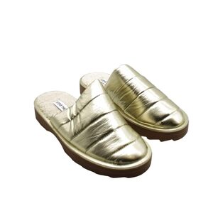 NEW! Steve Madden Chex Womens Quilted Faux Fur Lined Gold Slide Slippers, Size 9